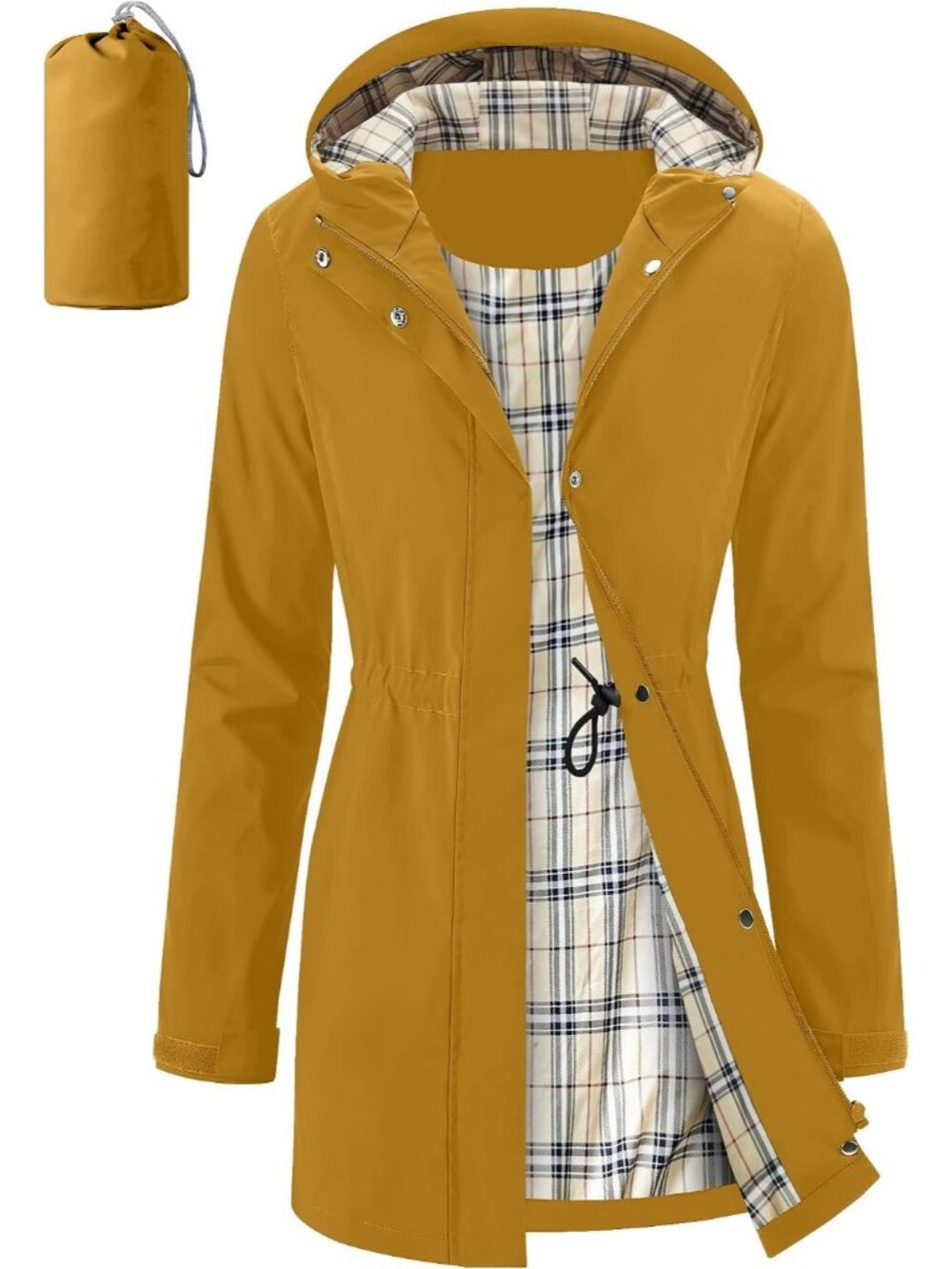 Women's Yellow Long Rain Jacket Waterproof Hooded Windbreaker Daily Wear